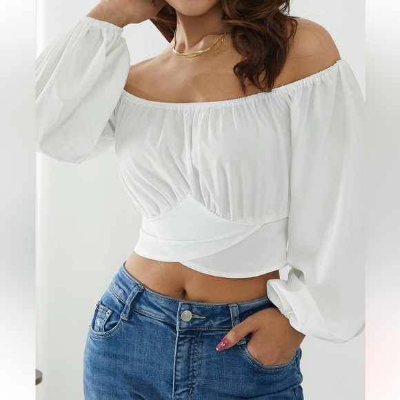 Women’s Plain Cut Out Tie Back Off Shoulder Top In White XL - Picture 4 of 13